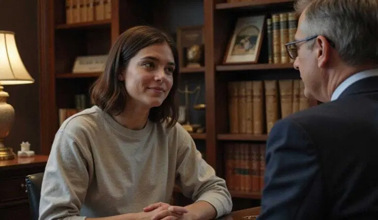 A woman sits at a desk, facing a man in a suit, in an office with bookshelves and a lamp in the background.