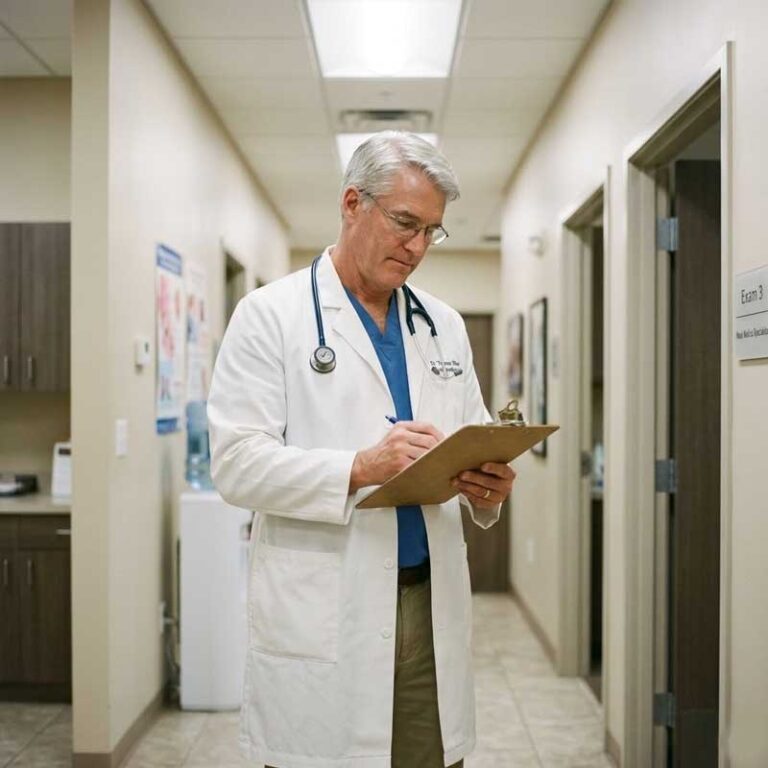 A doctor in a white coat stands in a clinic hallway, writing on a clipboard. Medical rooms and equipment are visible in the background.