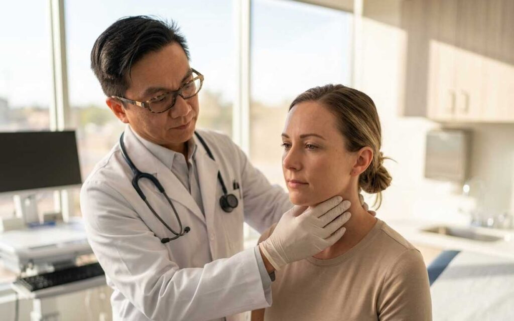 A doctor wearing a white coat and gloves examines a woman's neck in a medical office.