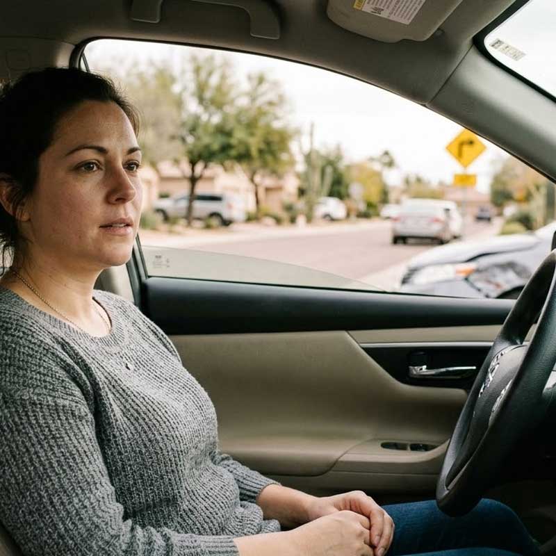 A woman sits in the driver's seat of a car, looking out the window with a neutral expression. Residential street and other vehicles are visible outside.