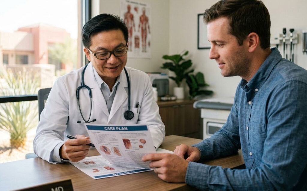 A doctor in a white coat reviews a care plan document with a male patient during a consultation in a medical office.