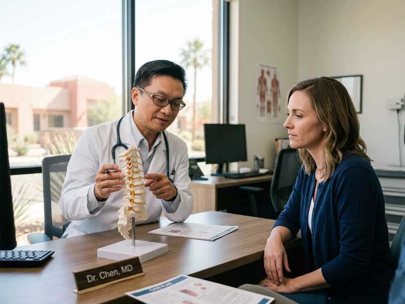 A doctor explains a model of the spine to a patient in a medical office, with informational papers and a computer on the desk.