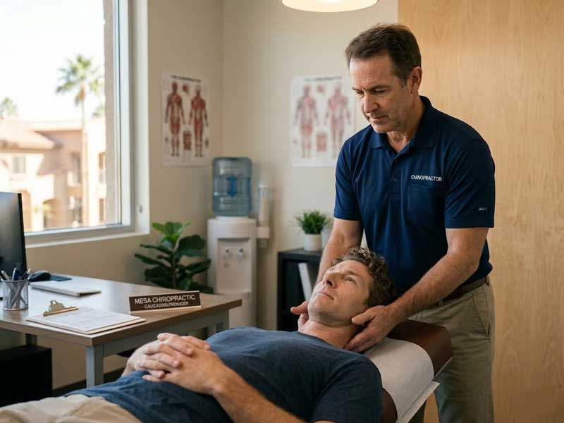 A chiropractor examines a patient’s neck as the patient lies on a treatment table in a medical office.