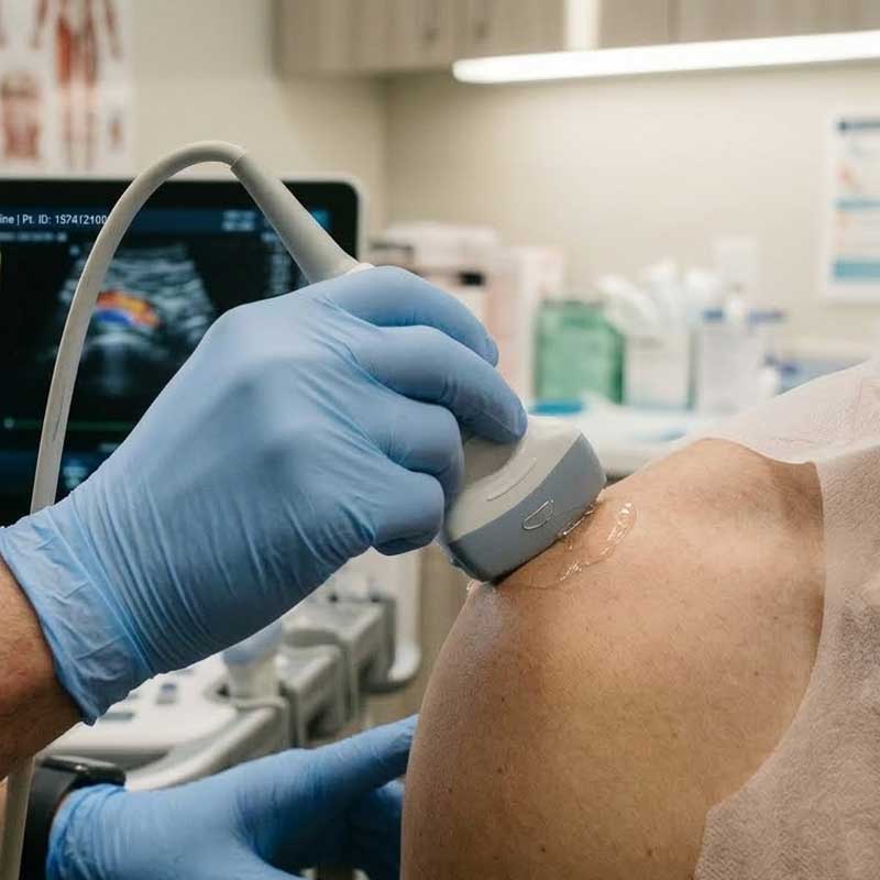 A healthcare professional uses an ultrasound probe on a patient's shoulder in a medical examination room.