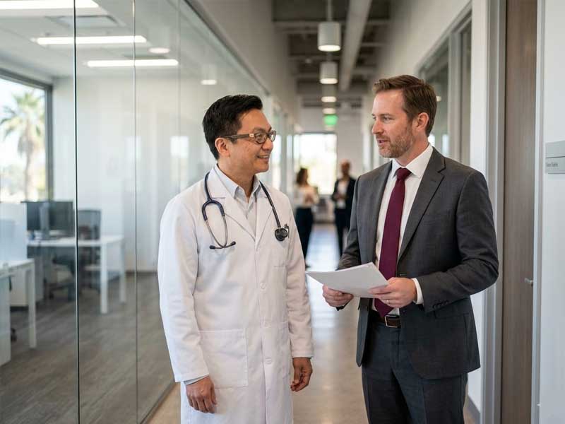 A doctor in a white coat speaks with a man in a suit holding papers in a modern office hallway.
