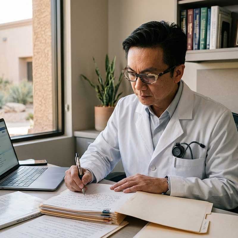 A doctor in a white coat sits at a desk, writing on paperwork, with a stethoscope around his neck and a laptop open nearby.