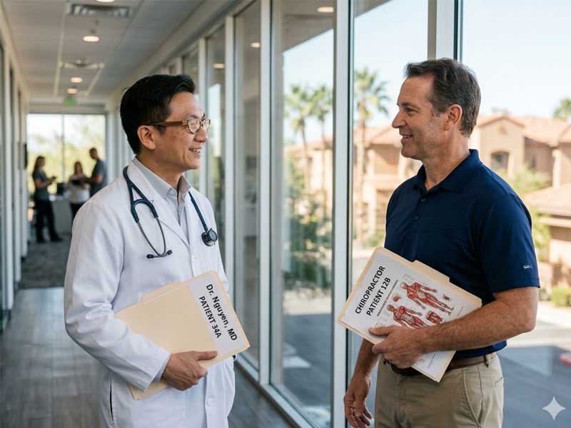 A doctor and a man stand in a hallway talking, holding medical files and smiling, with large windows and a sunny outdoor view in the background.