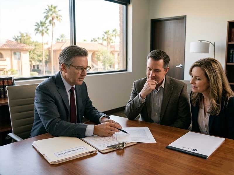 Three people in business attire sit around a desk reviewing documents together in a well-lit office with large windows.