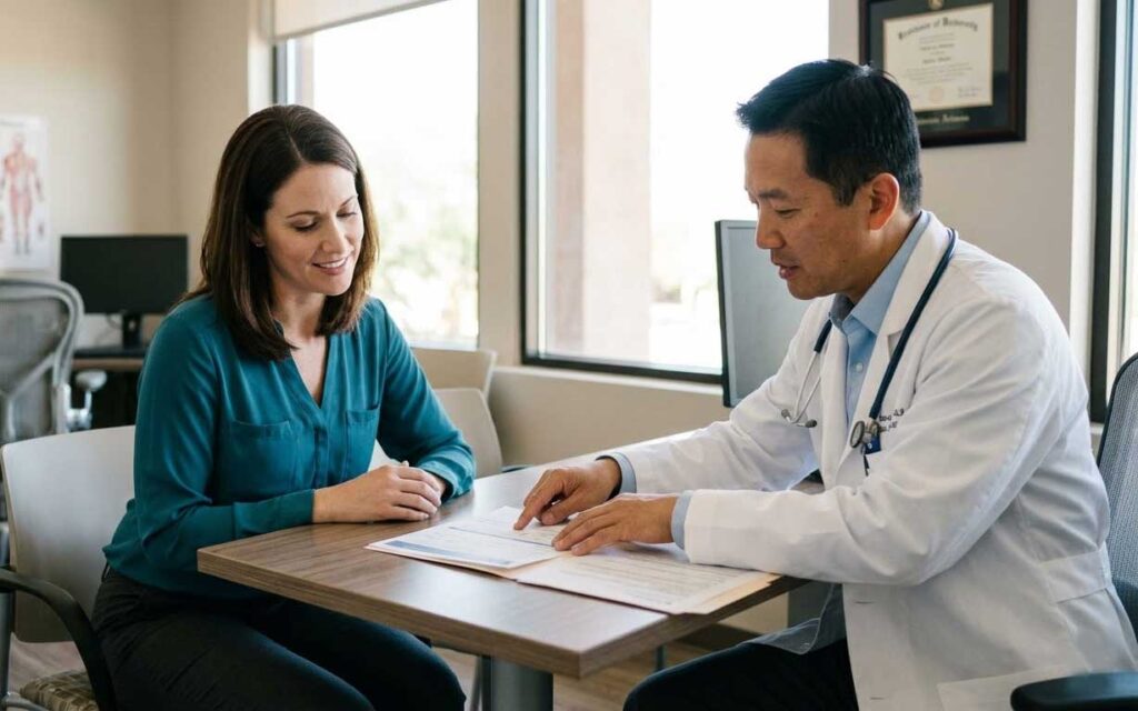 A doctor in a white coat discusses paperwork with a seated woman in an exam room. Both are seated at a desk with documents in front of them.