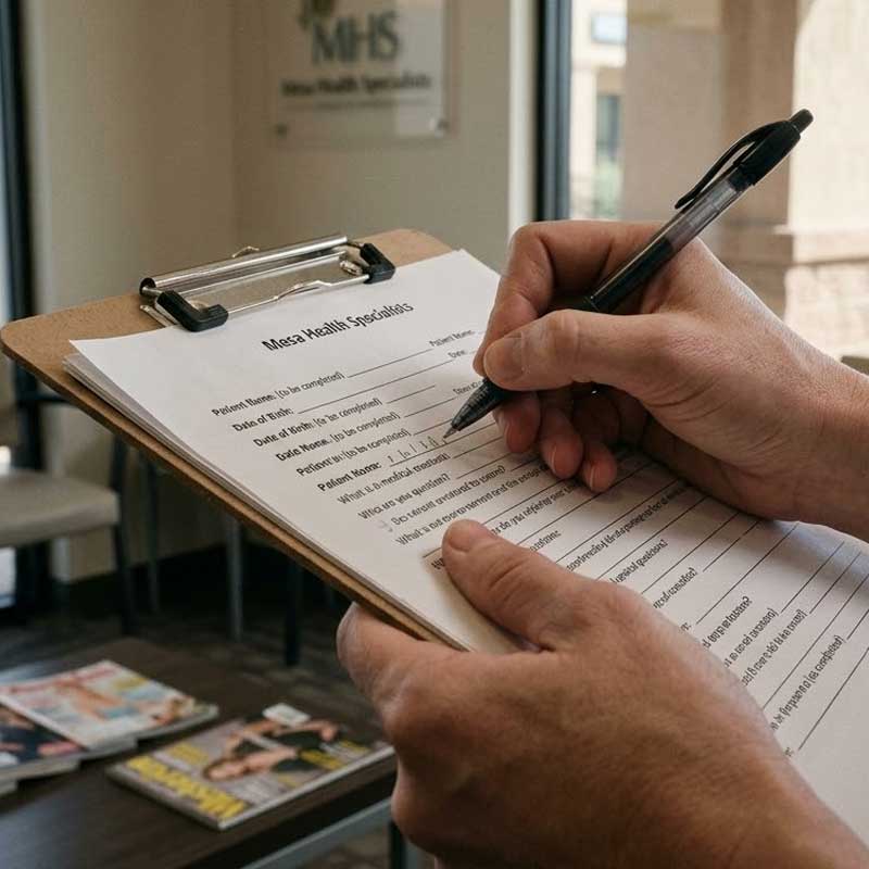 A person filling out a medical intake form on a clipboard in a waiting room with magazines on a table in the background.