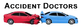 A red car has rear-ended a blue car. The text above the image reads "Accident Doctors.