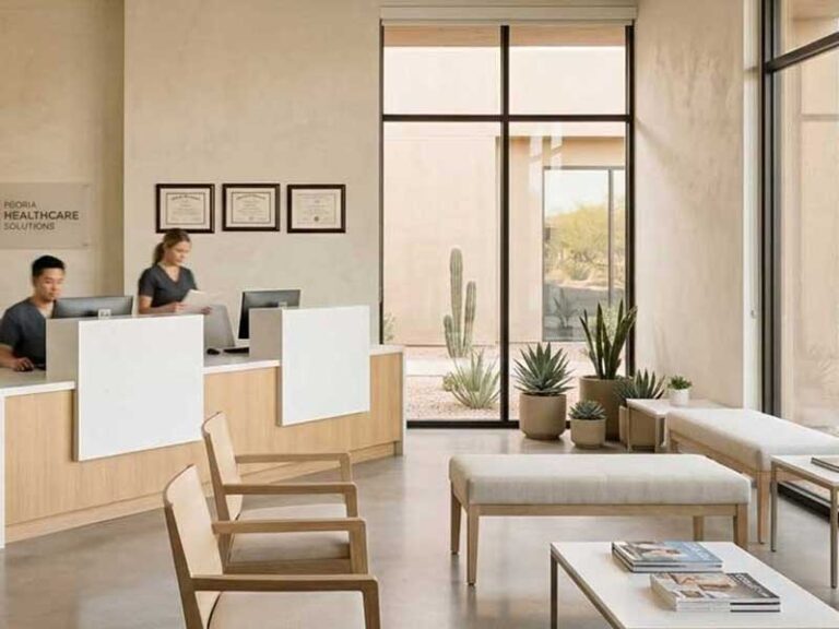 Modern medical office lobby with two staff at a reception desk, certificates on the wall, seating area, and large windows overlooking desert plants.
