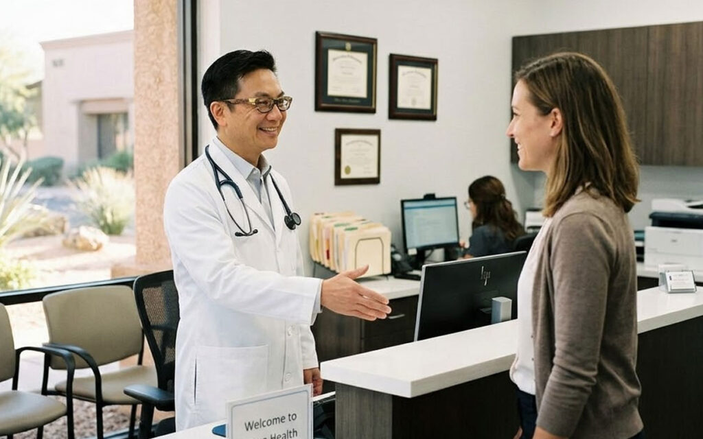 A doctor in a white coat stands at a reception desk, smiling and extending his hand to greet a woman, while another staff member works at a computer in the background.