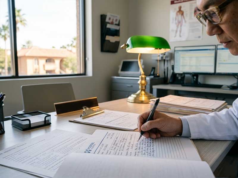 A person in a white coat writes on paperwork at an office desk with medical documents, a green desk lamp, and computer monitors in the background.