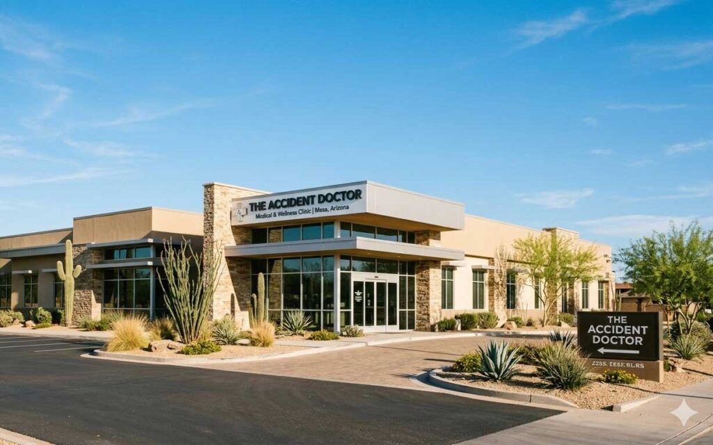 Modern medical office building with "The Accident Doctor" signs, desert landscaping, large windows, and clear blue sky in the background.