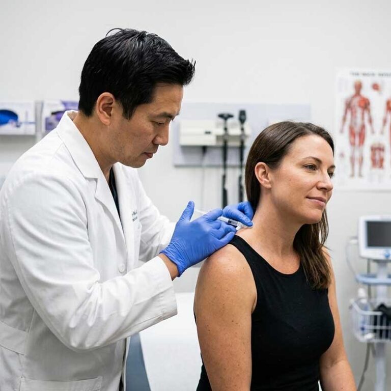 A doctor in a white coat and blue gloves administers an injection to a woman's upper arm in a medical examination room.