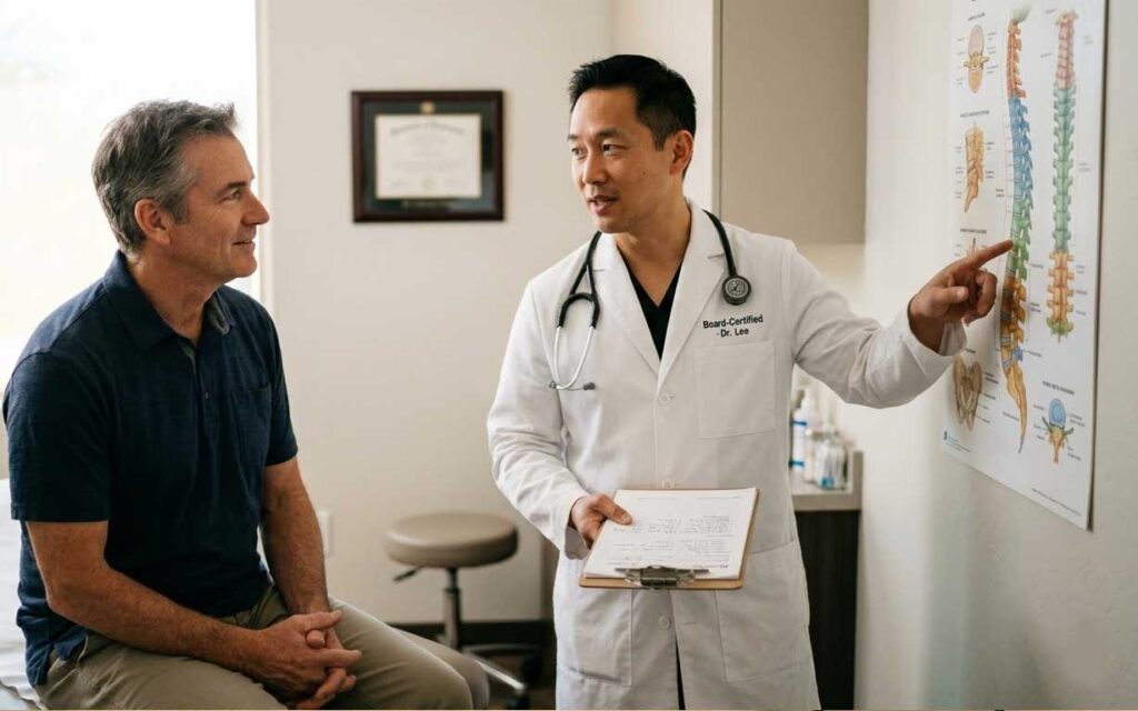 A doctor in a white coat explains a spine chart to a seated male patient in a medical office.
