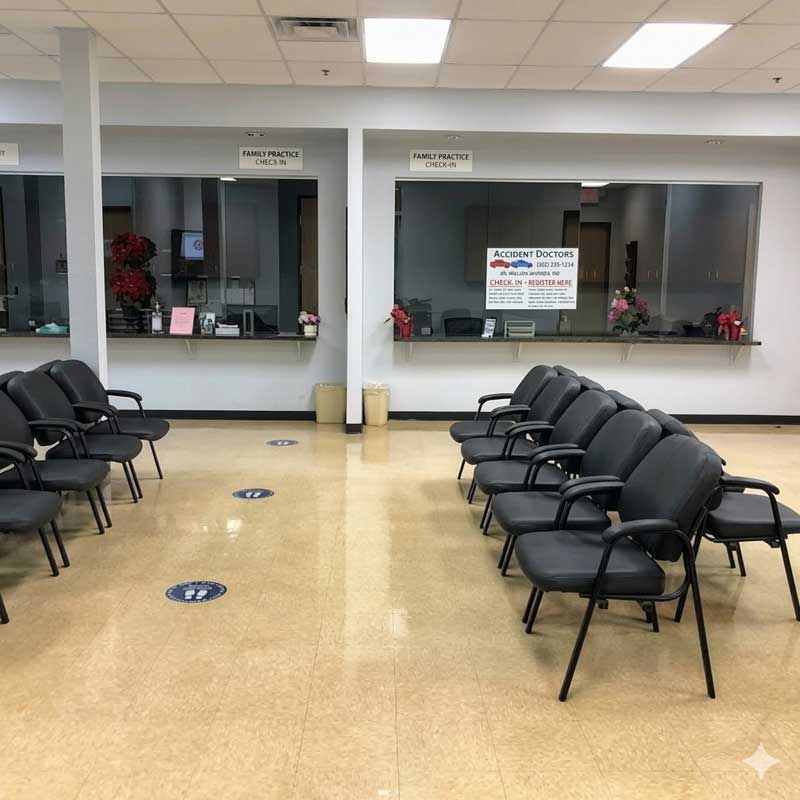 Empty waiting room with rows of black chairs, check-in windows at the back, and social distancing markers on the floor.
