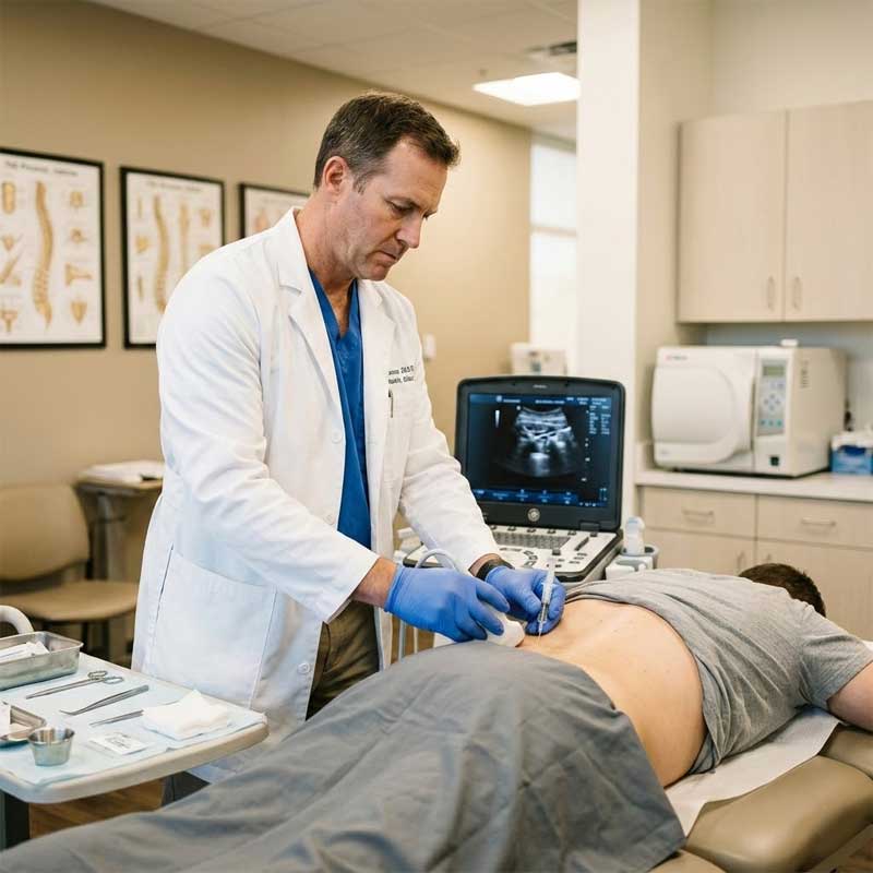 A doctor in a white coat and gloves performs an ultrasound-guided procedure on a patient's lower back in a medical examination room.