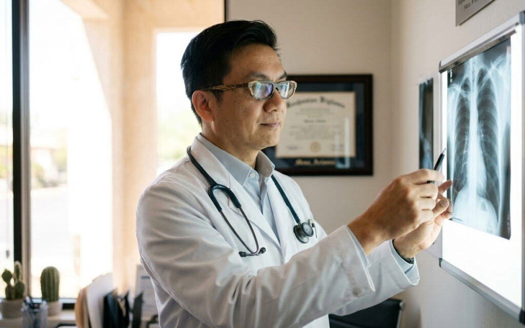 A doctor wearing a white coat and stethoscope examines a chest X-ray on a lightbox in a medical office.