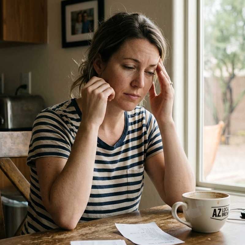 A woman sits at a table with a cup of coffee and papers, looking stressed and holding her head with one hand.