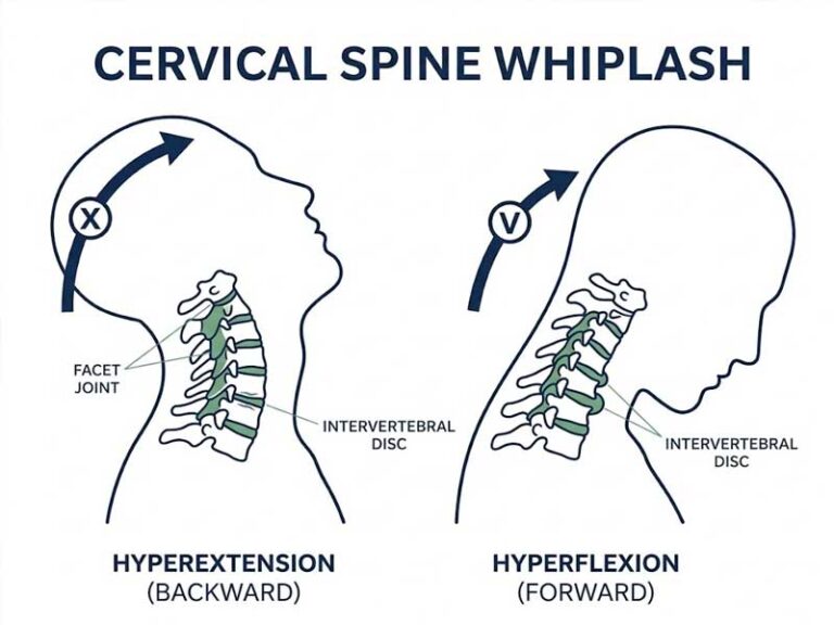 Diagram showing cervical spine whiplash injuries: hyperextension (backward) and hyperflexion (forward), with highlighted facet joints and intervertebral discs.