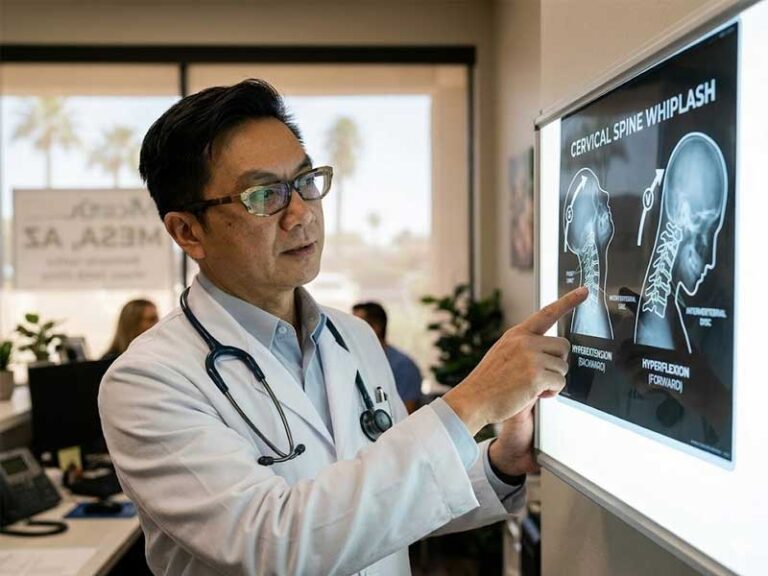 A doctor wearing glasses and a white coat points to a cervical spine X-ray labeled "Cervical Spine Whiplash" on a lightbox in a medical office.