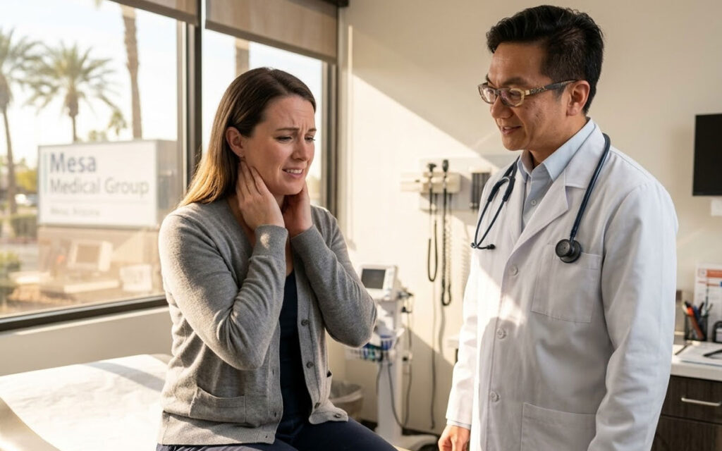 A woman sits on an exam table touching her neck while a doctor in a white coat stands beside her in a medical office.
