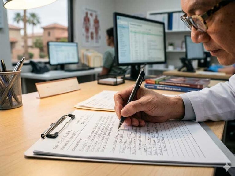 A person writes medical notes on a clipboard at a desk, with books and a computer screen displaying patient information in the background.