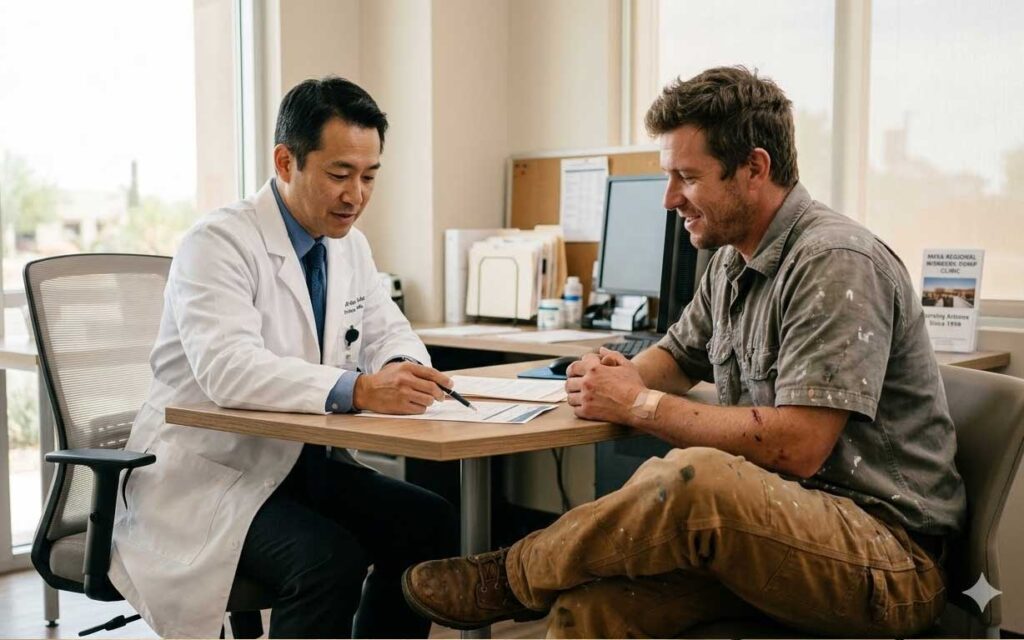 A doctor in a white coat discusses paperwork with a man in work clothes at a desk in a well-lit office.