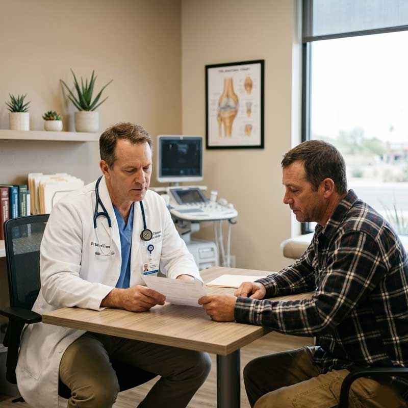 A doctor and a patient sit across a desk reviewing paperwork in a medical office with anatomical posters and medical equipment in the background.